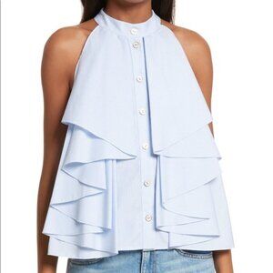 CAROLINE CONSTAS Like New Adrie Striped Ruffle Blouse L Blue White Sleeveless